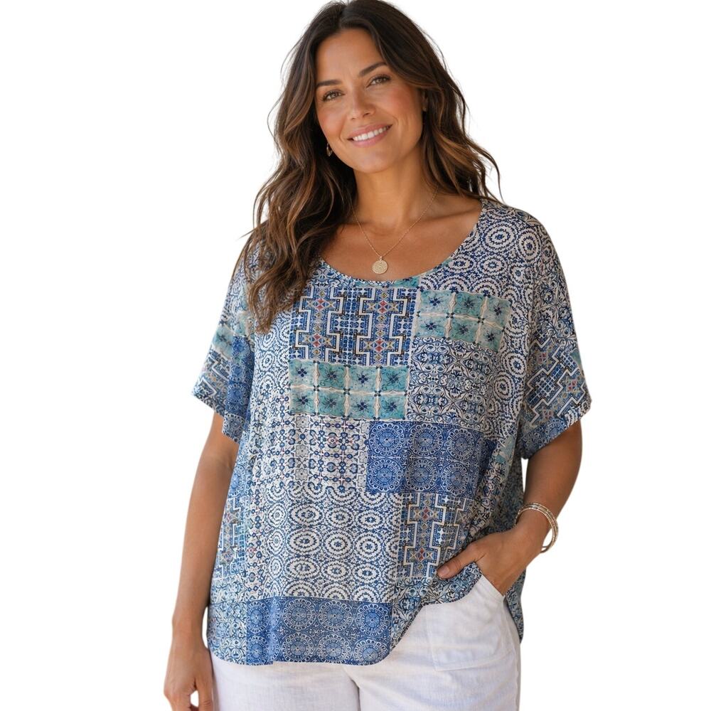 Avenue Tile Print Tee Womens Sz 20 Blue Mixed Print Patchwork Mosaic Boho Top 2X